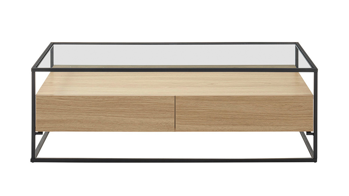 Table basse rectangulaire 2 tiroirs verre trempé, bois clair finition