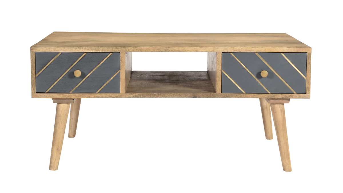 Table basse rectangulaire avec rangements 2 tiroirs bois clair manguier massif, gris foncé et métal doré L100 cm WALTER