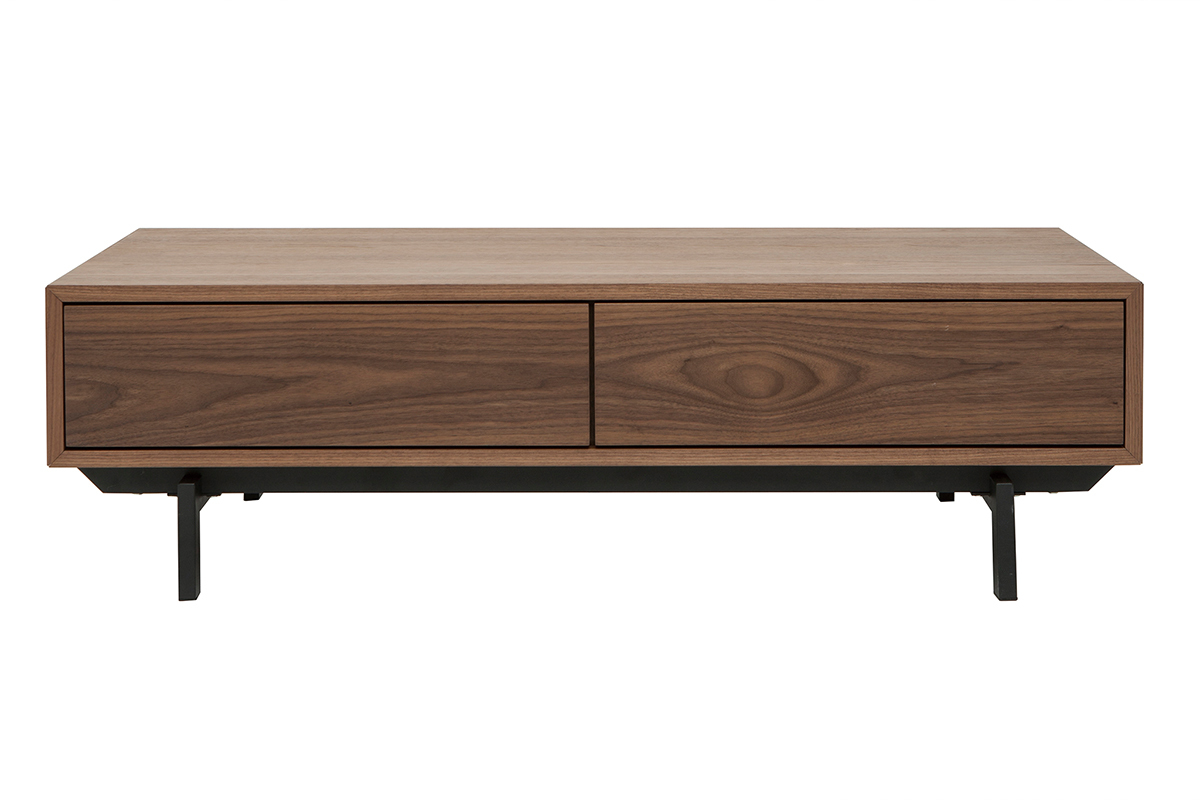 Table basse rectangulaire avec rangements 2 tiroirs bois fonc� noyer et m�tal noir L120 CM MANNY