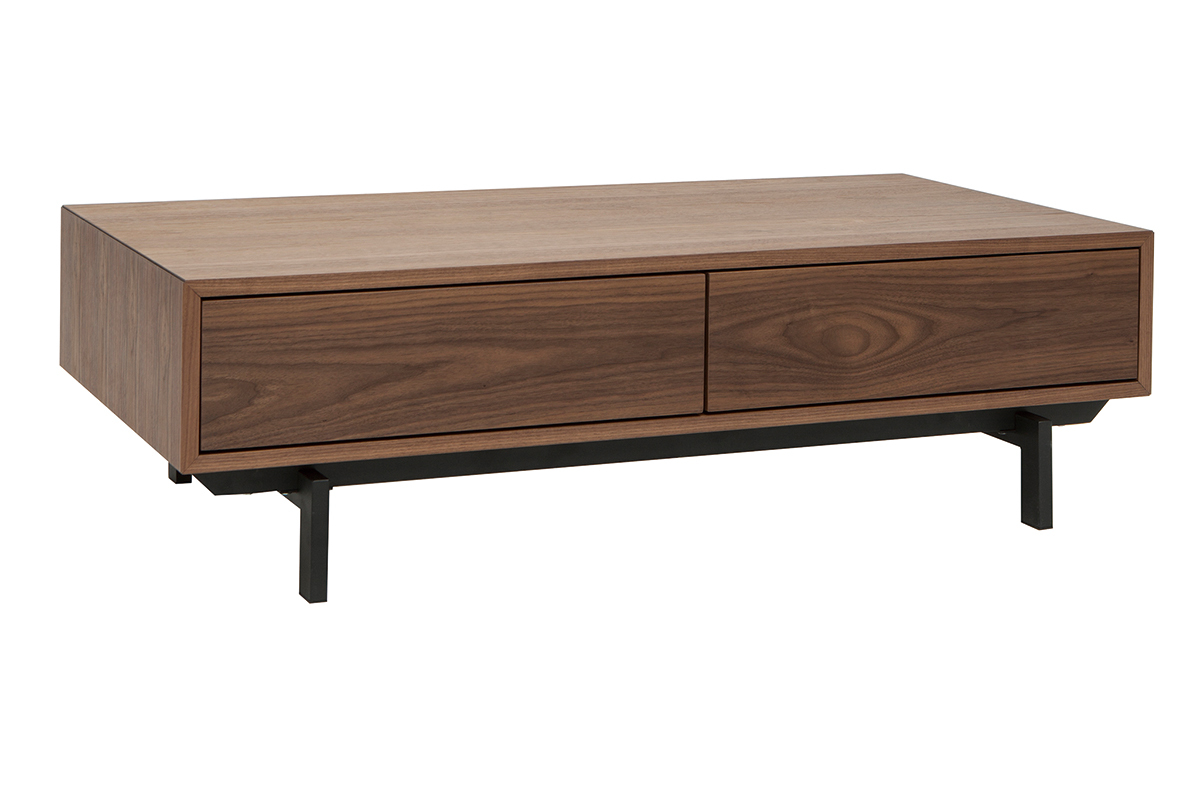 Table basse rectangulaire avec rangements 2 tiroirs bois fonc� noyer et m�tal noir L120 CM MANNY