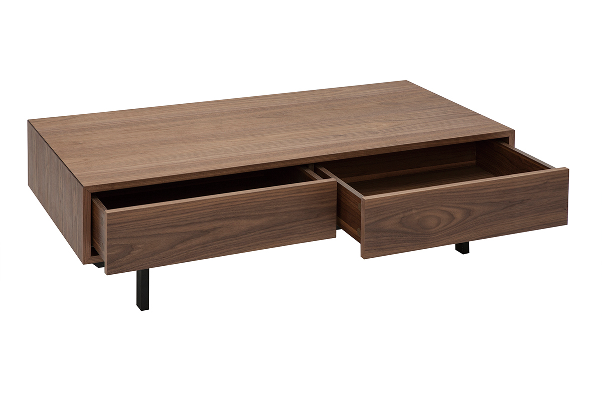 Table basse rectangulaire avec rangements 2 tiroirs bois fonc� noyer et m�tal noir L120 CM MANNY