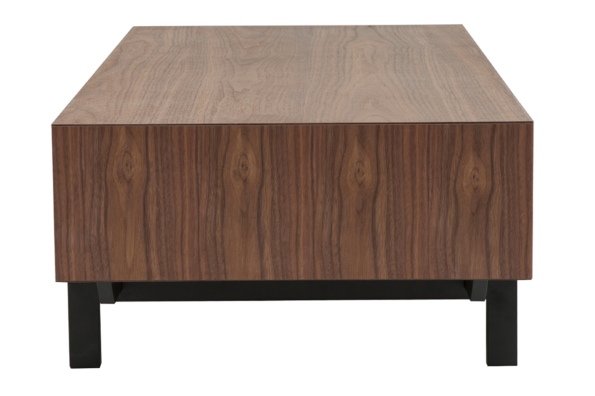 Table basse rectangulaire avec rangements 2 tiroirs bois fonc� noyer et m�tal noir L120 CM MANNY