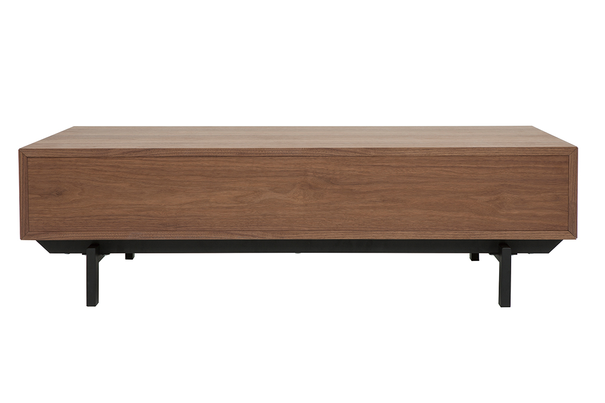 Table basse rectangulaire avec rangements 2 tiroirs bois fonc� noyer et m�tal noir L120 CM MANNY
