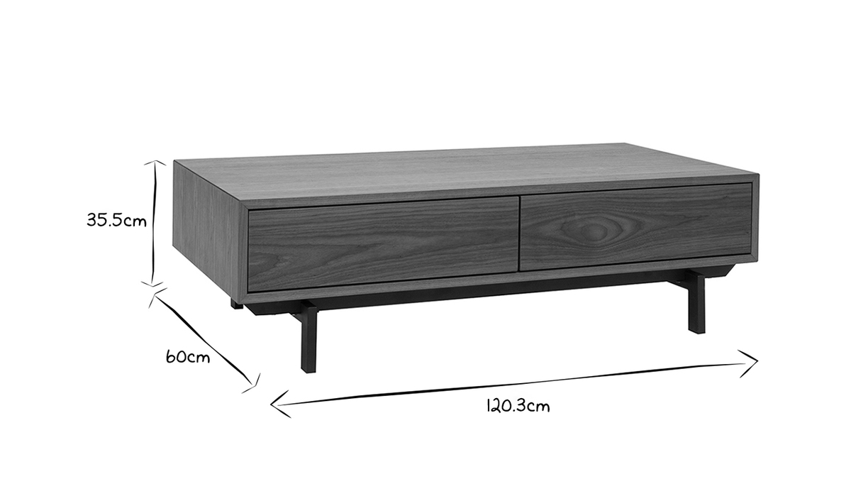 Table basse rectangulaire avec rangements 2 tiroirs bois foncé noyer et métal noir L120 CM MANNY