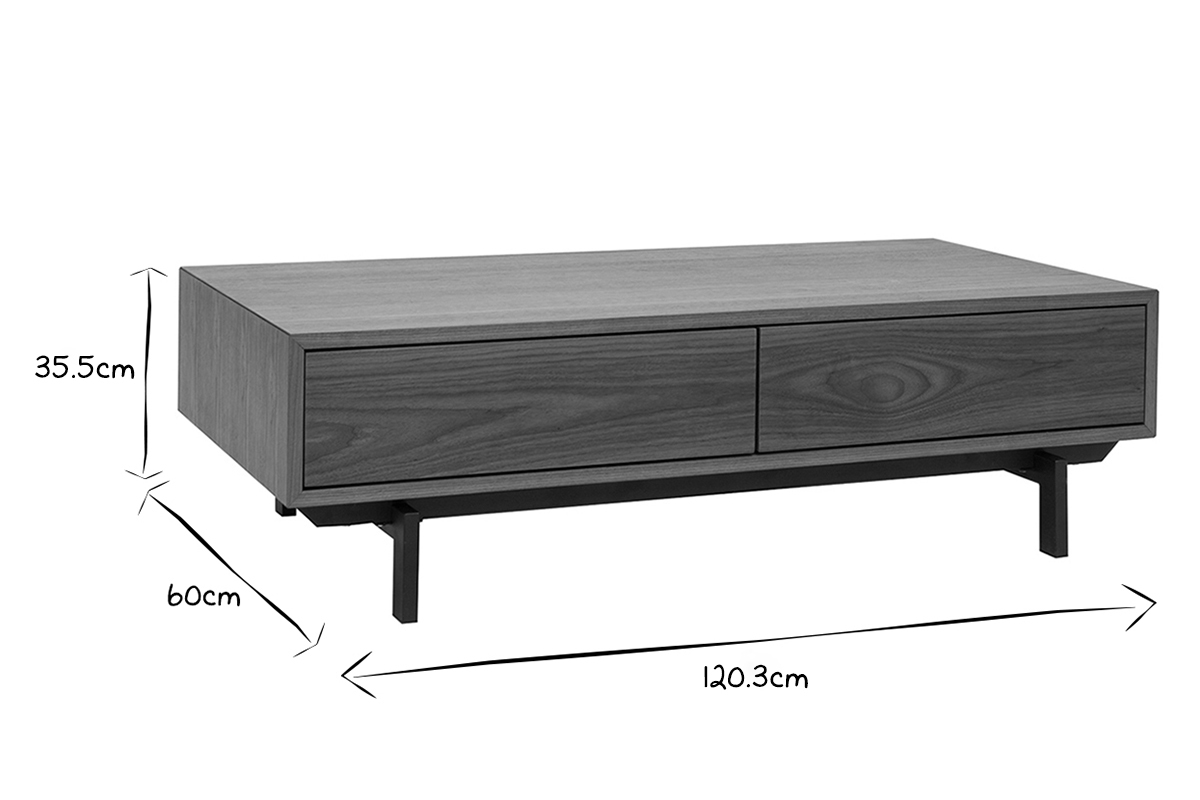 Table basse rectangulaire avec rangements 2 tiroirs bois fonc� noyer et m�tal noir L120 CM MANNY