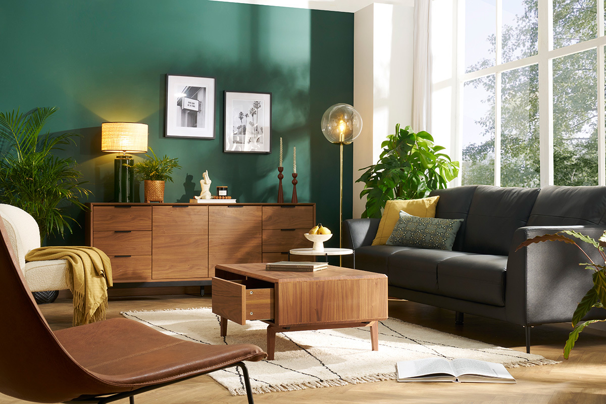 Table basse rectangulaire avec rangements 2 tiroirs bois fonc noyer L100 cm SUVA