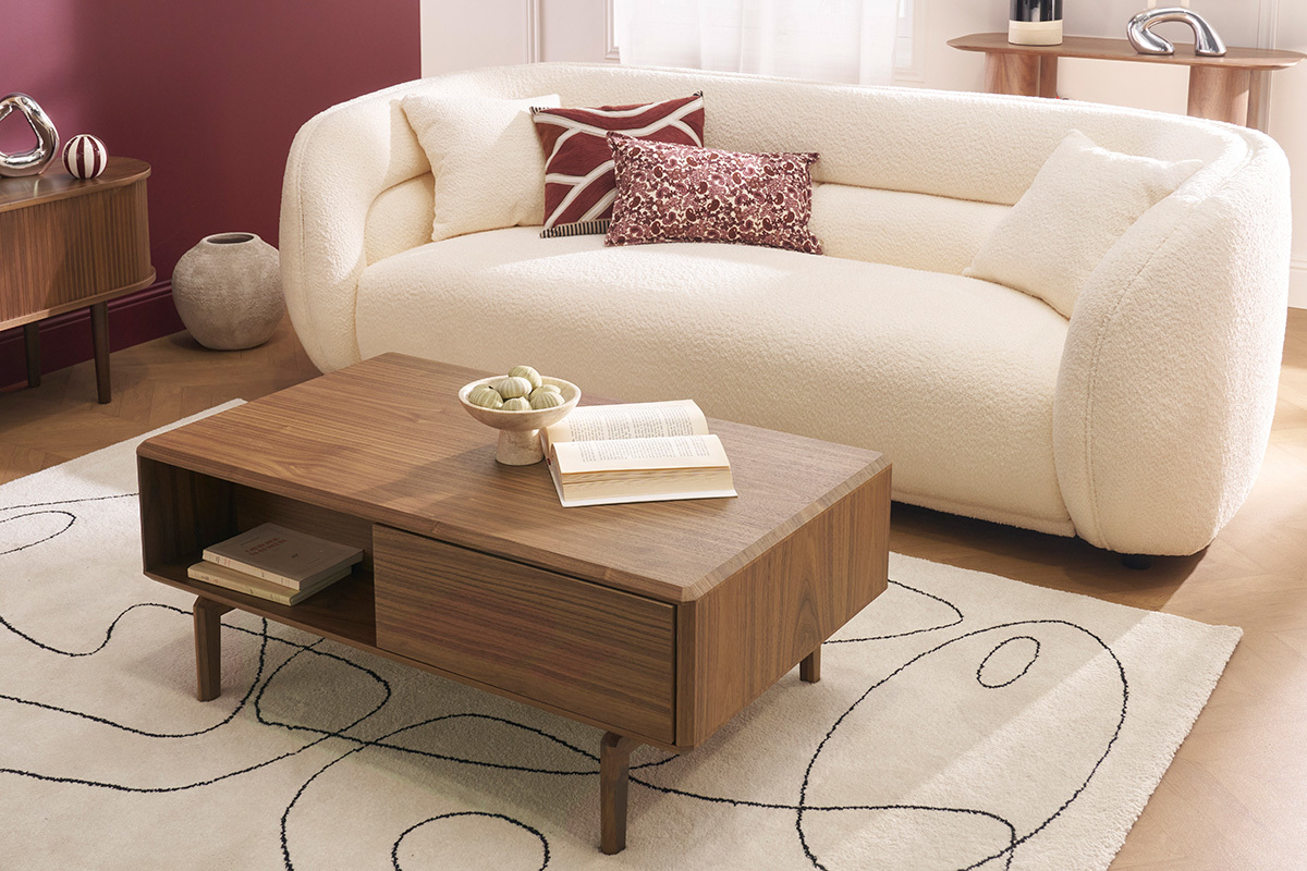 Table basse rectangulaire avec rangements 2 tiroirs bois fonc noyer L100 cm SUVA