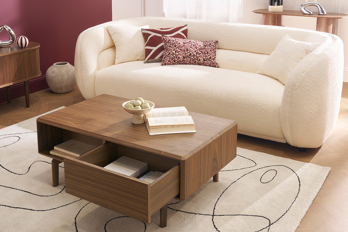 Table basse rectangulaire avec rangements 2 tiroirs bois fonc noyer L100 cm SUVA