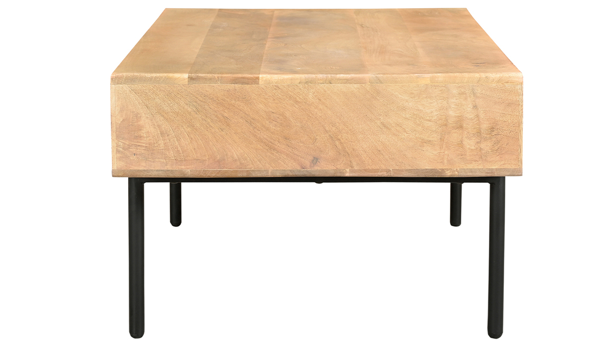 Table basse rectangulaire avec rangements 2 tiroirs en bois clair manguier massif et métal noir L100 cm JUDE