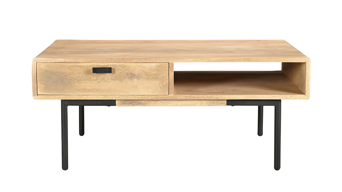 Table basse rectangulaire avec rangements 2 tiroirs en bois clair manguier massif et métal noir L100 cm JUDE