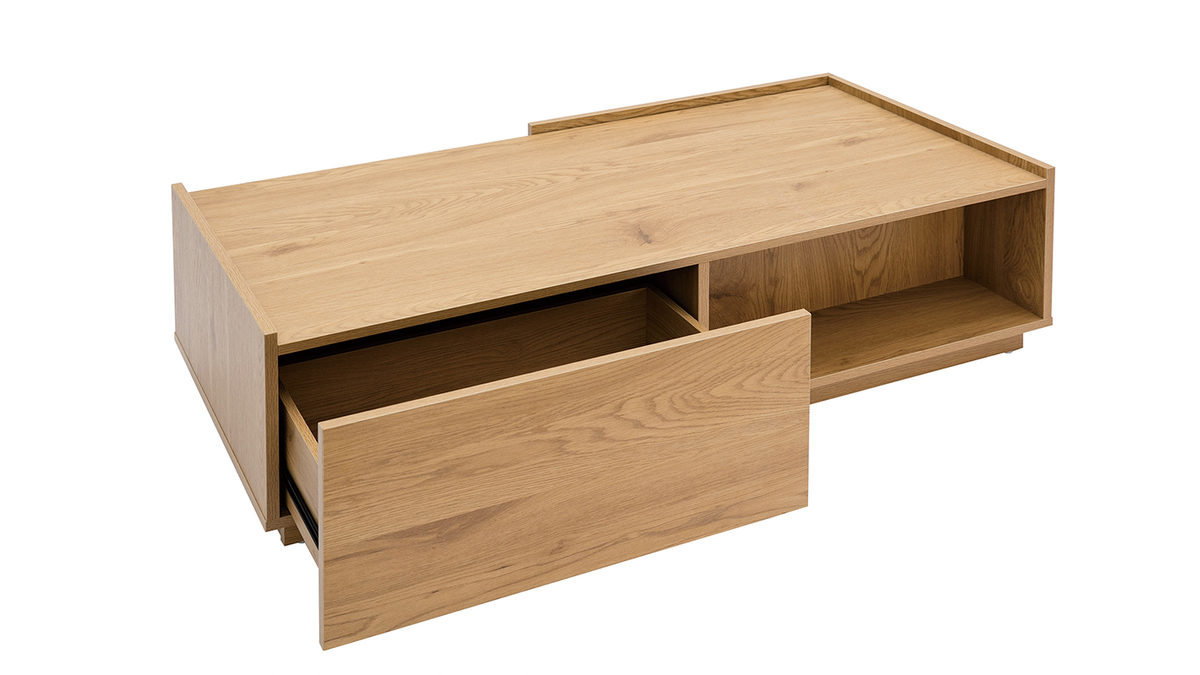 Table basse rectangulaire avec rangements 2 tiroirs finition bois clair chêne L120 cm MADERO