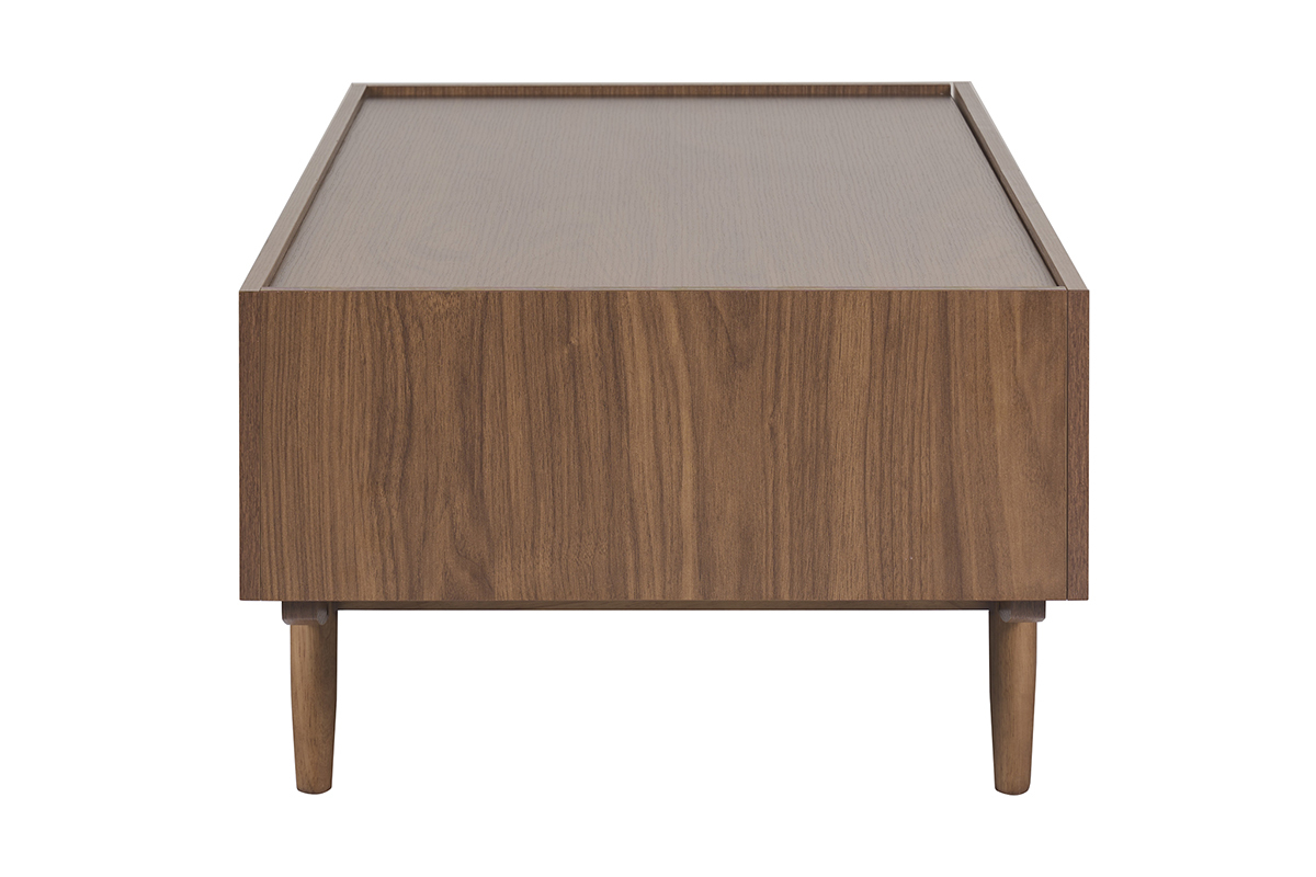 Vue de c�t� table basse bois noyer SANAA, pieds arrondis, finition vein�e.