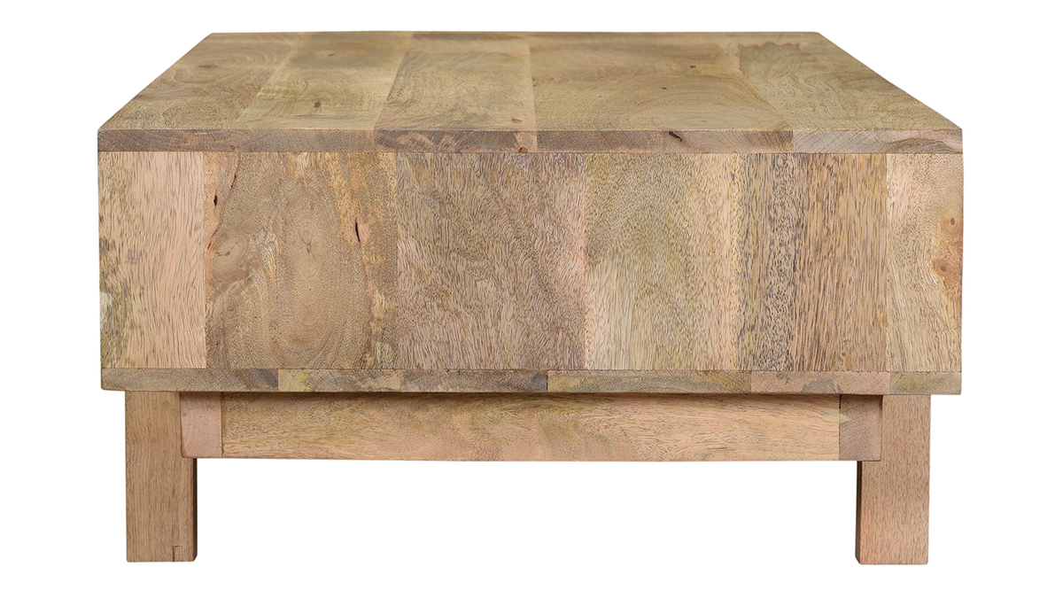 Table basse rectangulaire avec rangements bois clair manguier massif gravé et laiton L100 cm ZAIKA