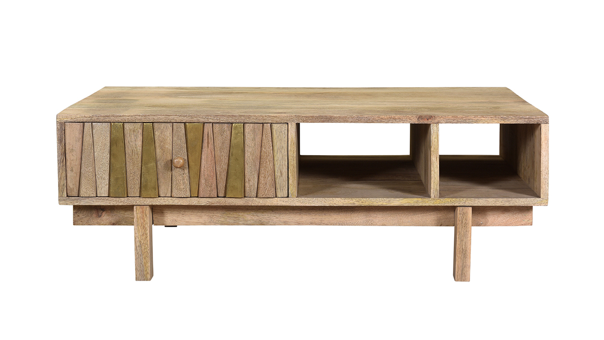 Table basse rectangulaire avec rangements bois manguier massif grav et laiton L100 cm ZAIKA