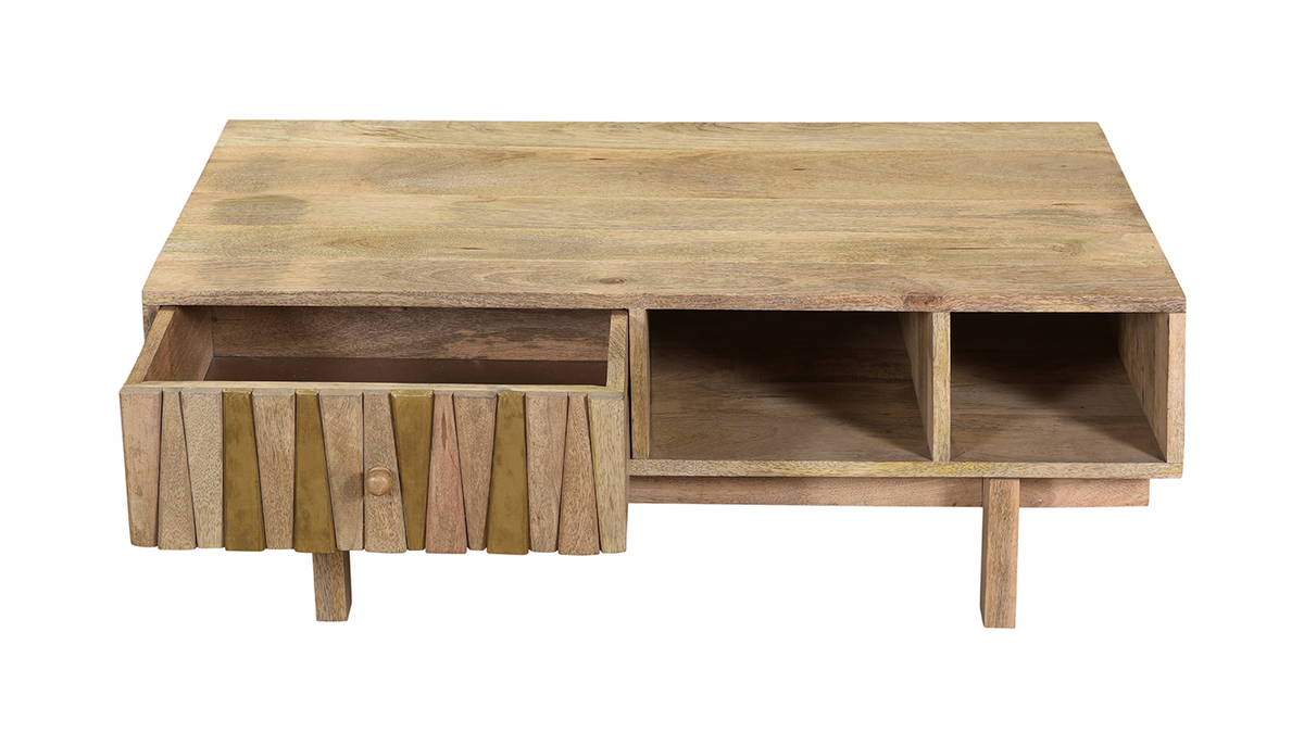 Table basse rectangulaire avec rangements bois manguier massif grav et laiton L100 cm ZAIKA