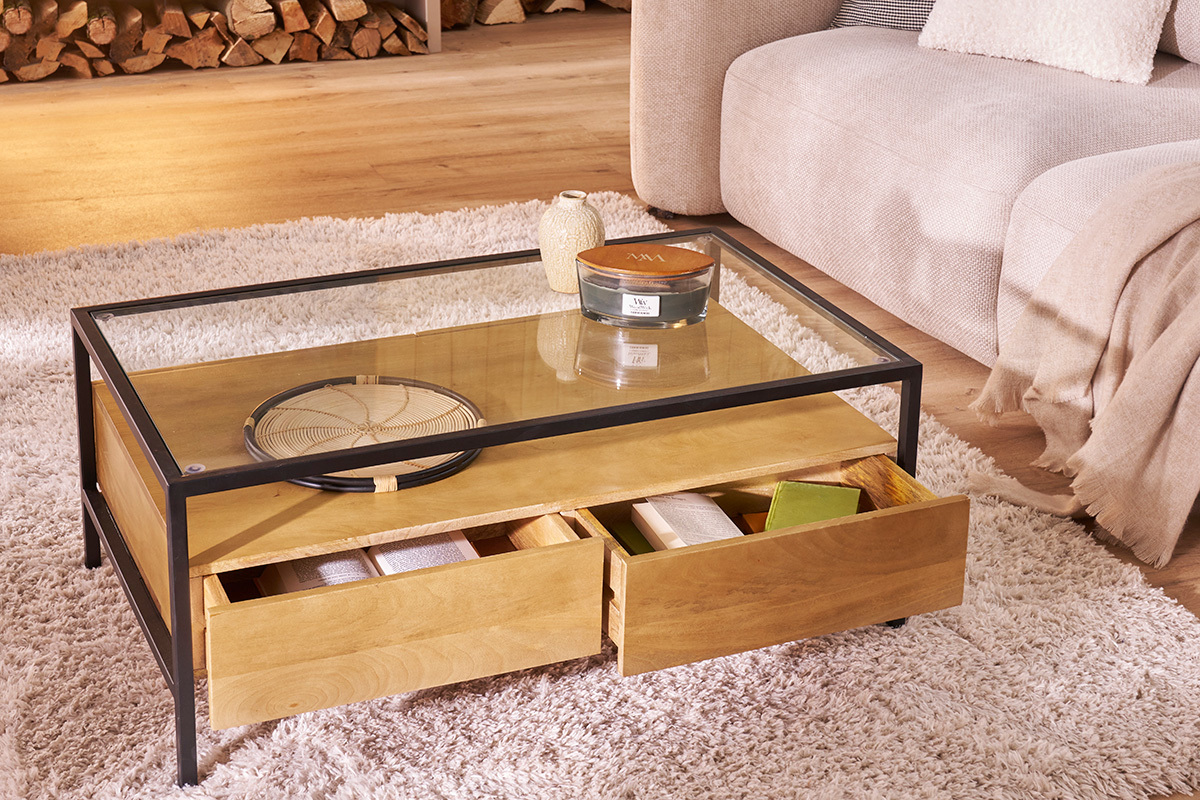 Table basse rectangulaire avec rangements en bois fonc� manguier massif, verre et m�tal noir L100 cm SITA