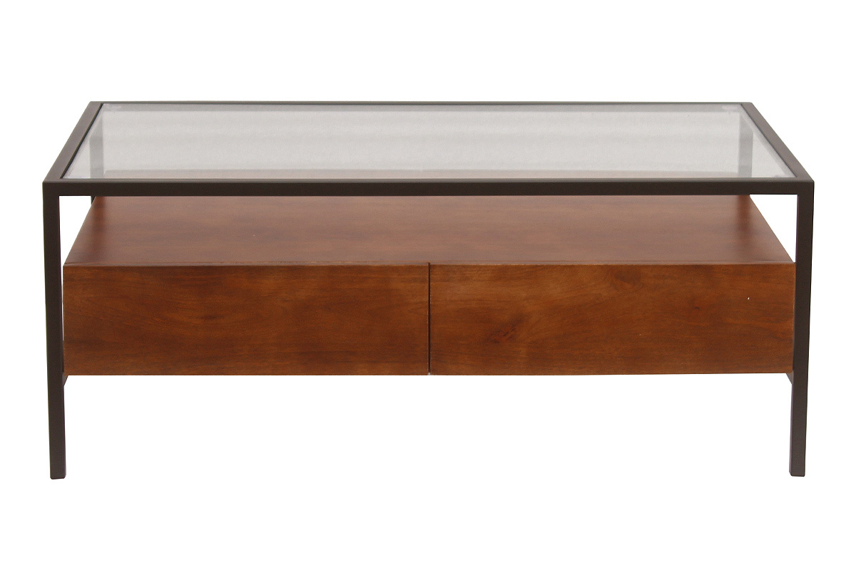 Table basse rectangulaire avec rangements en bois fonc� manguier massif, verre et m�tal noir L100 cm SITA