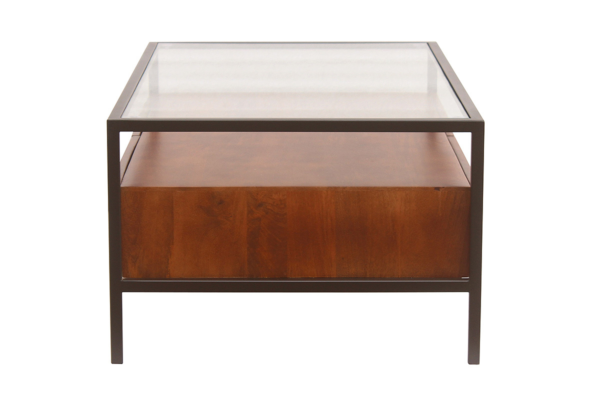 Table basse rectangulaire avec rangements en bois fonc� manguier massif, verre et m�tal noir L100 cm SITA