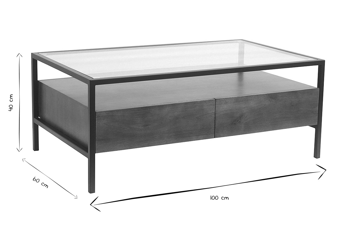 Table basse rectangulaire avec rangements en bois fonc� manguier massif, verre et m�tal noir L100 cm SITA