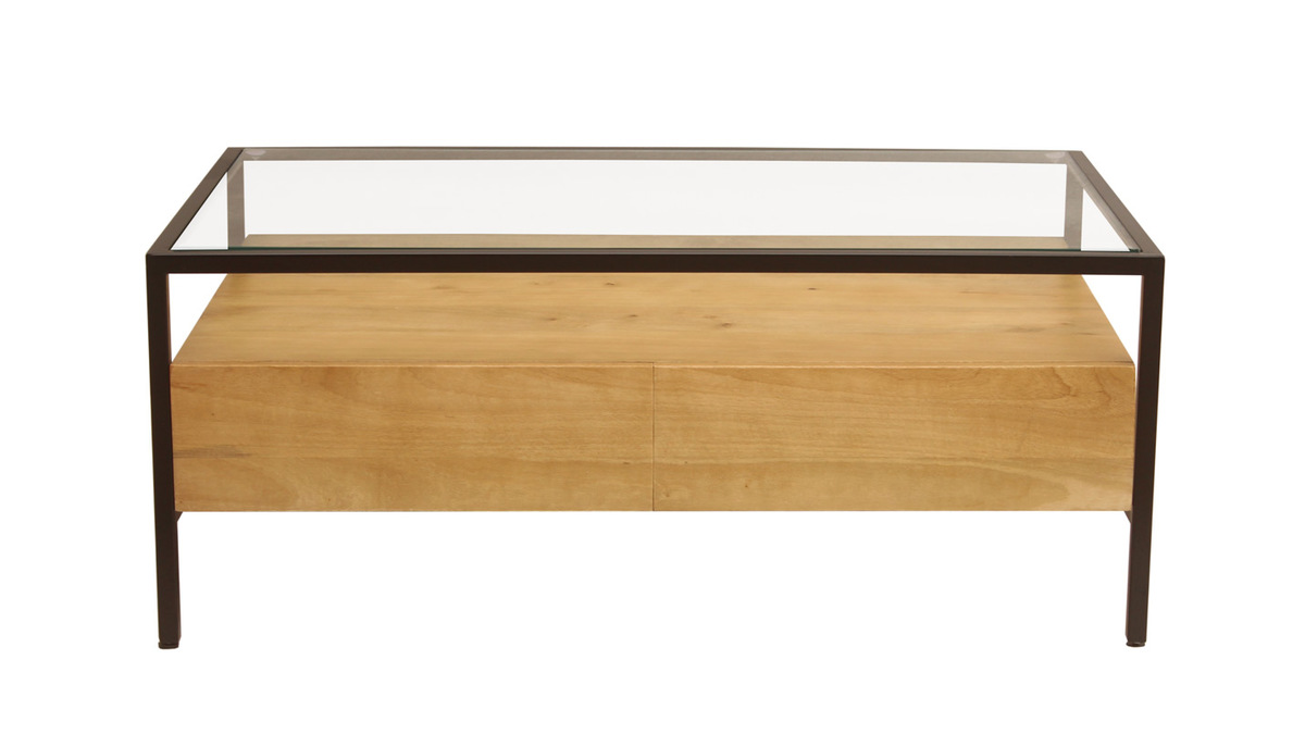 Table basse rectangulaire avec rangements en bois manguier massif, verre et métal noir L100 cm SITA