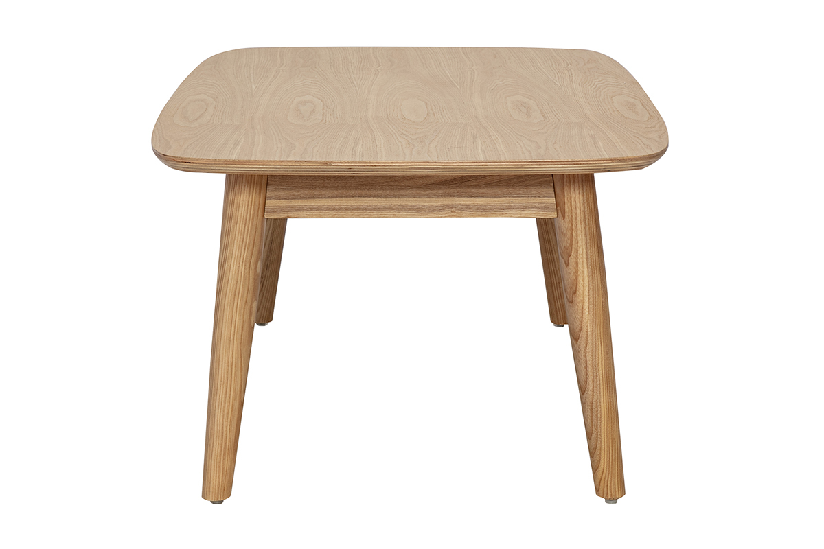 Table basse rectangulaire en bois clair, vue de profil, pieds fusel�s et plateau � bords arrondis.