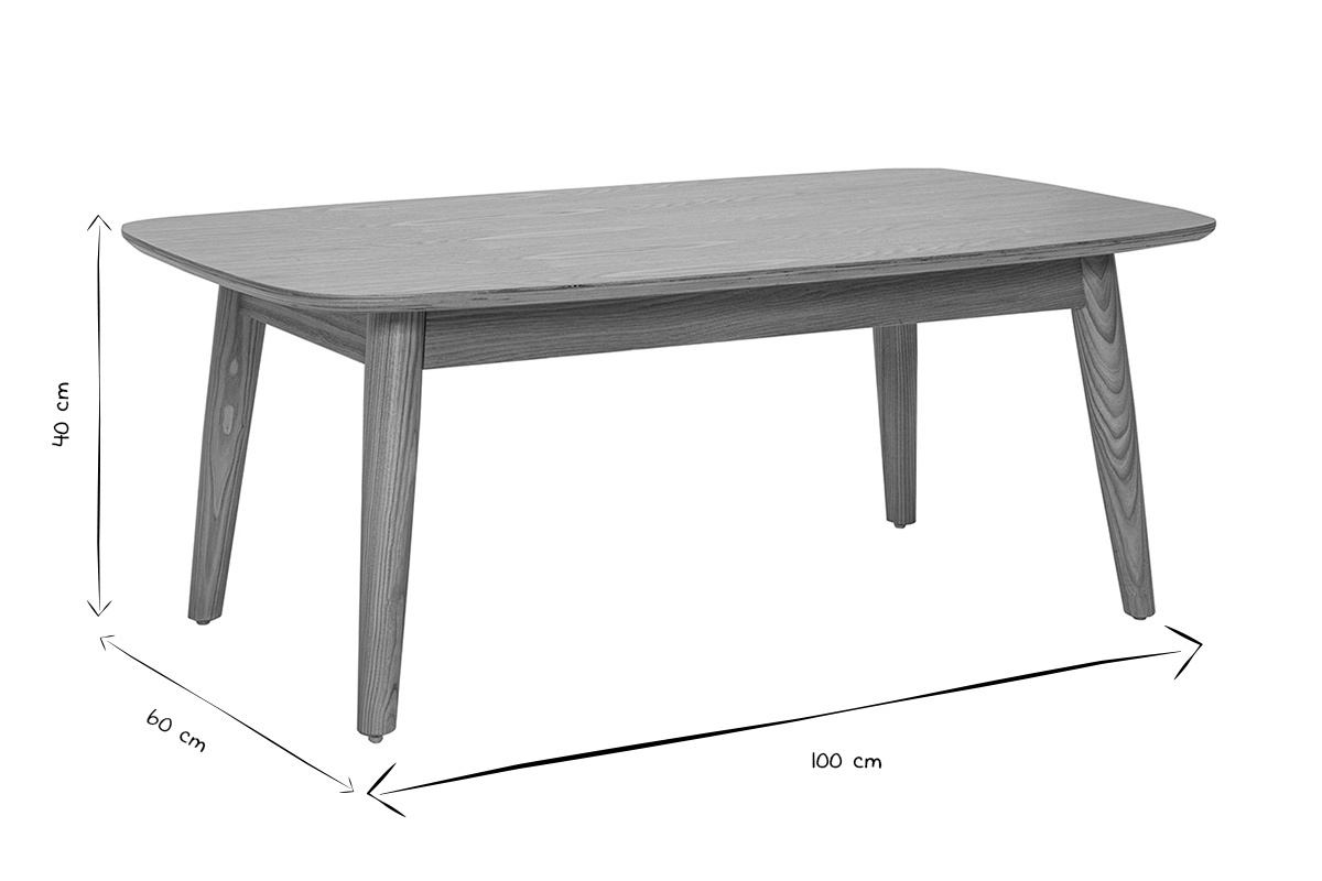 Table basse rectangulaire en bois clair fr�ne avec dimensions L100 x P60 x H40 cm en noir et blanc