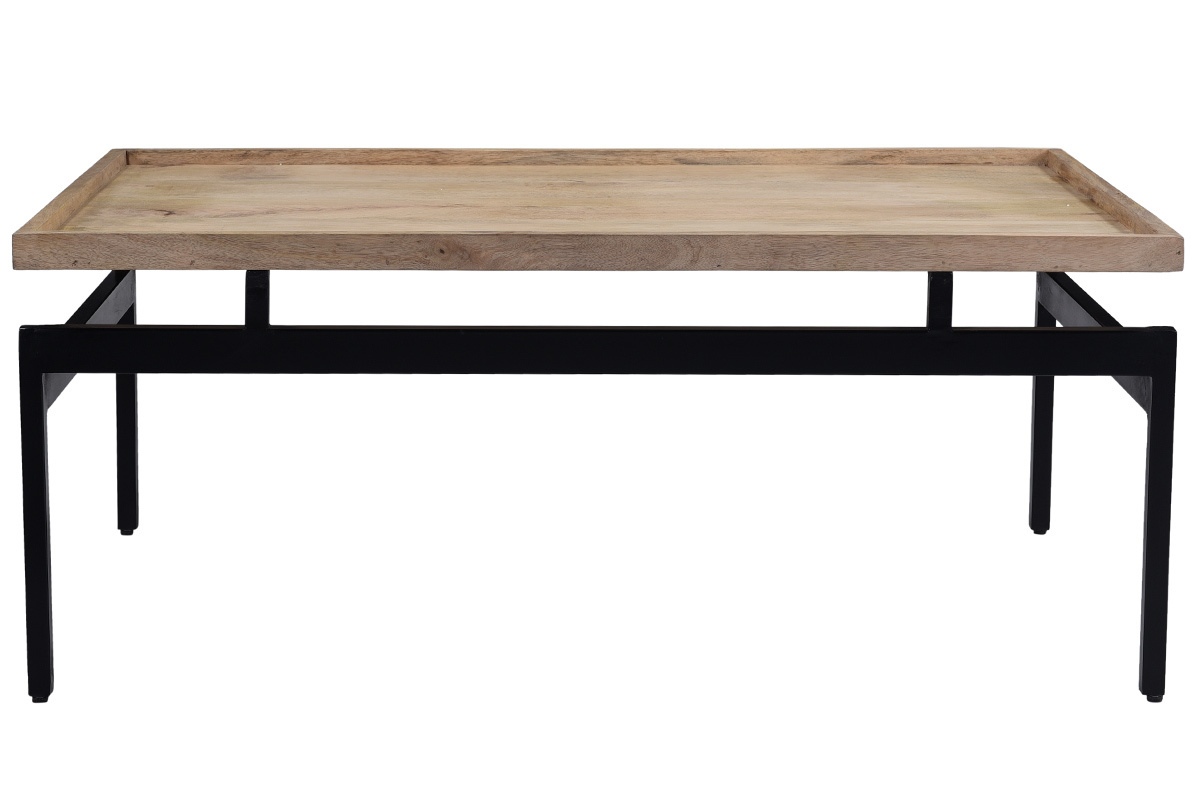 Table basse rectangulaire bois clair manguier massif et mtal noir L100 cm FRAME