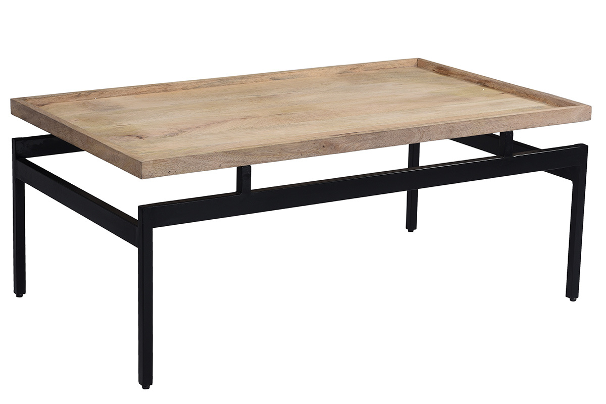 Table basse rectangulaire bois clair manguier massif et mtal noir L100 cm FRAME