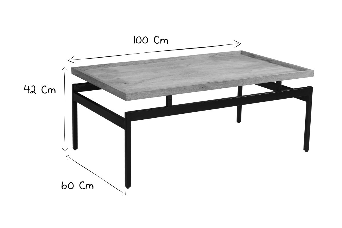 Table basse rectangulaire bois clair manguier massif et mtal noir L100 cm FRAME