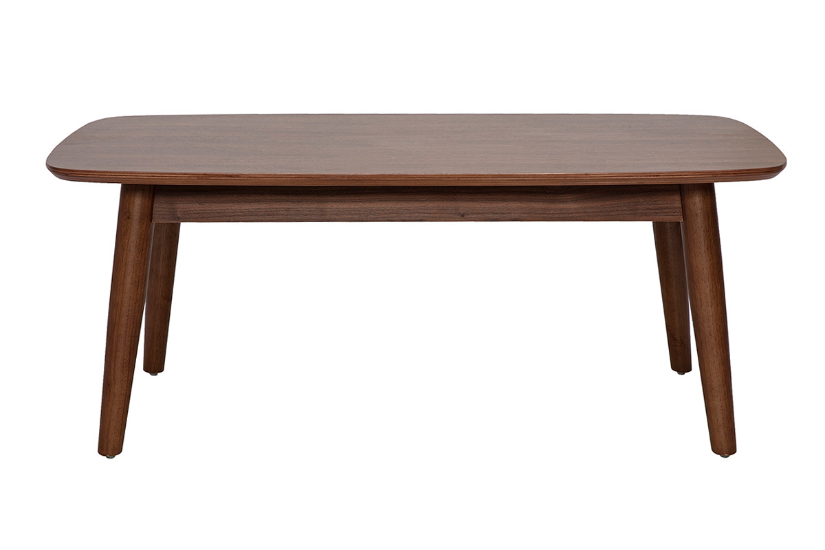 Table basse rectangulaire en bois fonc� noyer, vue de face avec angles arrondis.