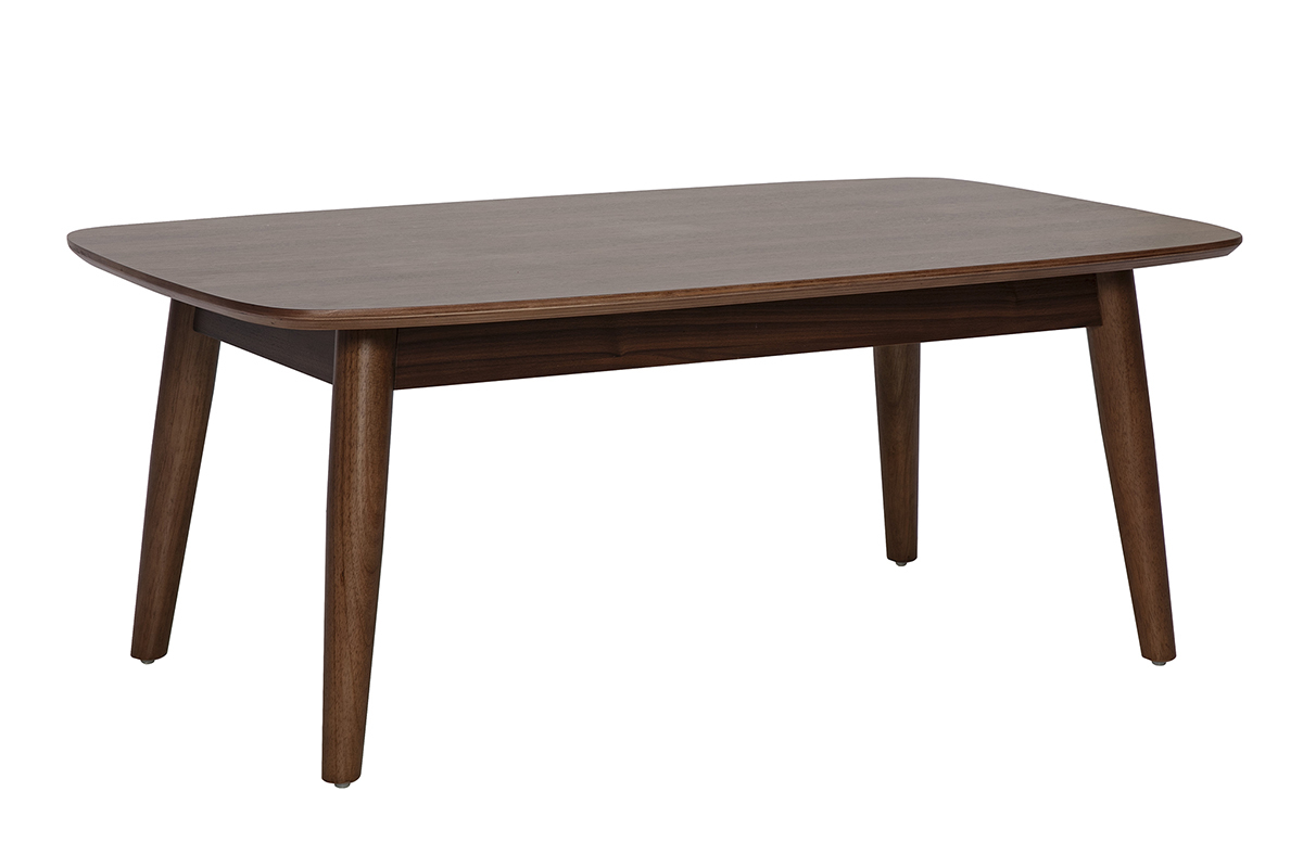 Table basse rectangulaire en bois fonc� noyer avec angles arrondis et pieds fusel�s