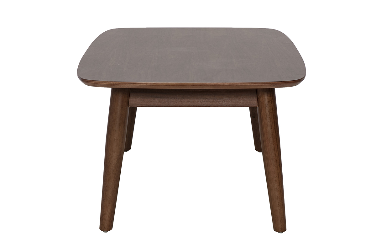 Table basse rectangulaire en bois fonc� noyer avec pieds fusel�s, vue de profil