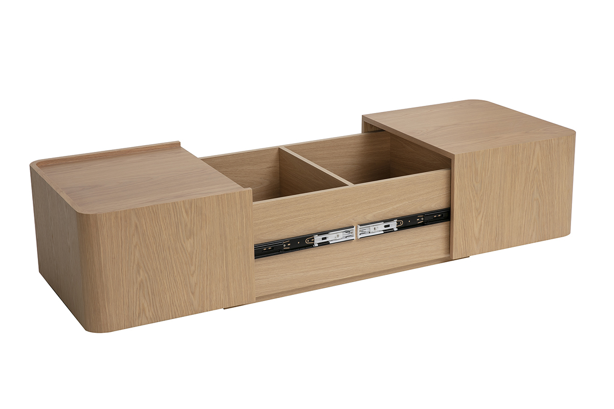 Table basse rectangulaire en bois clair ch�ne avec rangement, vue de 3/4.