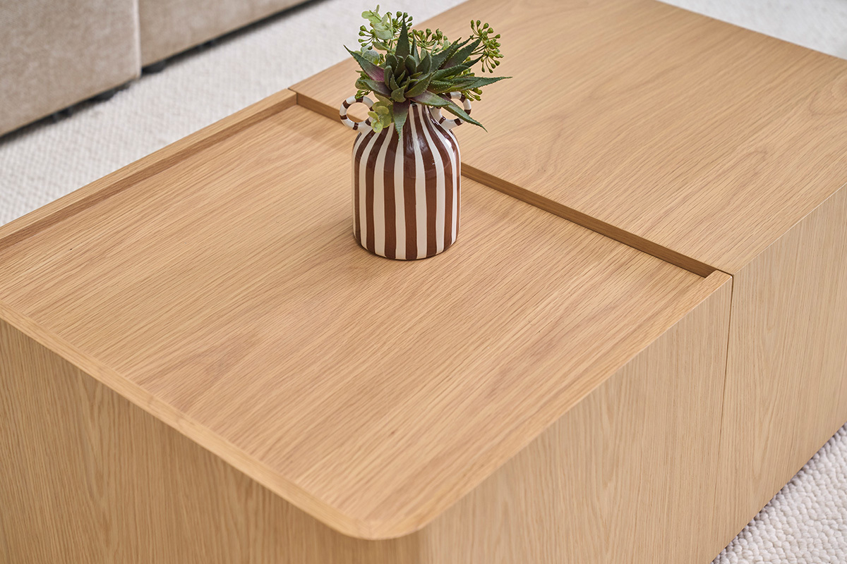 Table basse rectangulaire en bois clair ch�ne avec rangement L100 cm BELLY