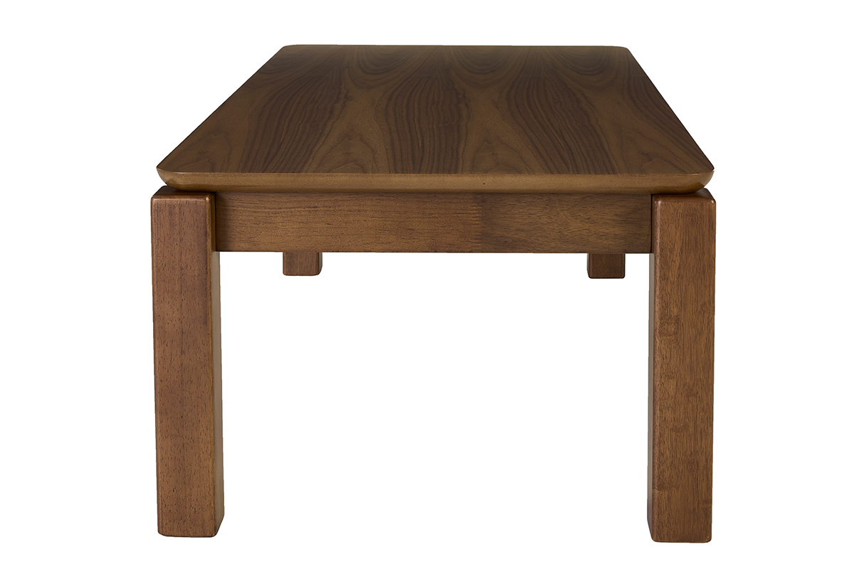 Table basse rectangulaire en bois fonc� noyer, vue de profil.