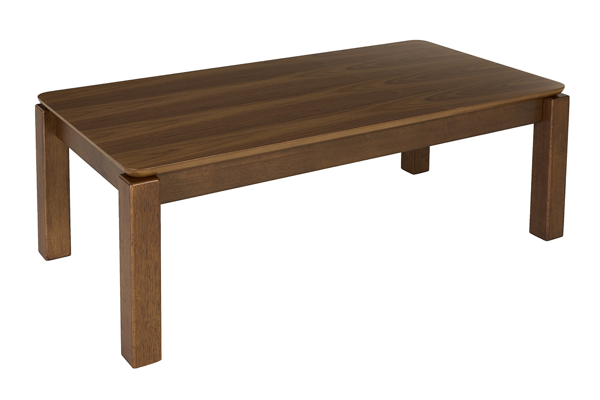 Table basse rectangulaire en bois fonc� noyer vue de 3/4, dimensions L120 cm.