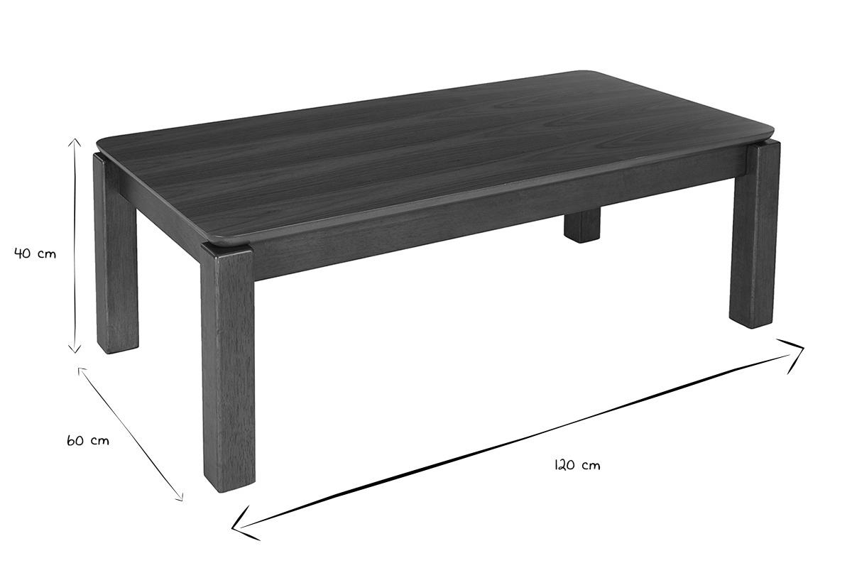 Table basse rectangulaire RAYA en bois fonc� noyer, dimensions en noir et blanc : L120 cm, l60 cm, h40 cm.