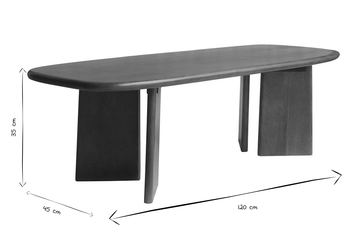Dimensions de la table basse SOTA en noir et blanc, L120 x P45 x H35 cm, plateau arrondi.