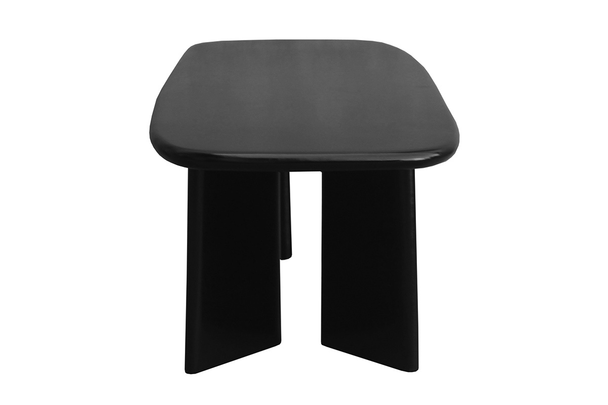 Table basse rectangulaire en bois manguier massif teint� noir, vue de profil, plateau aux bords arrondis.