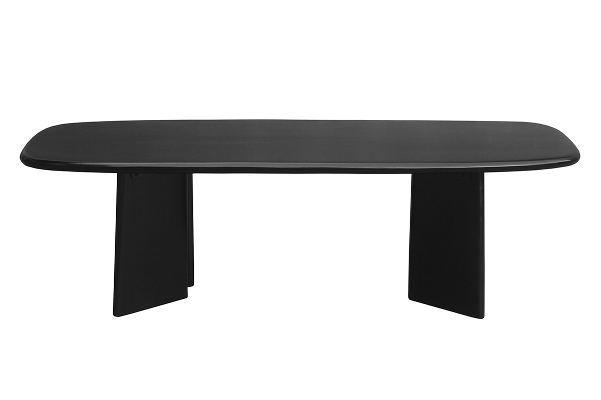 Table basse rectangulaire en bois manguier massif teint� noir, vue de face, plateau aux bords arrondis.