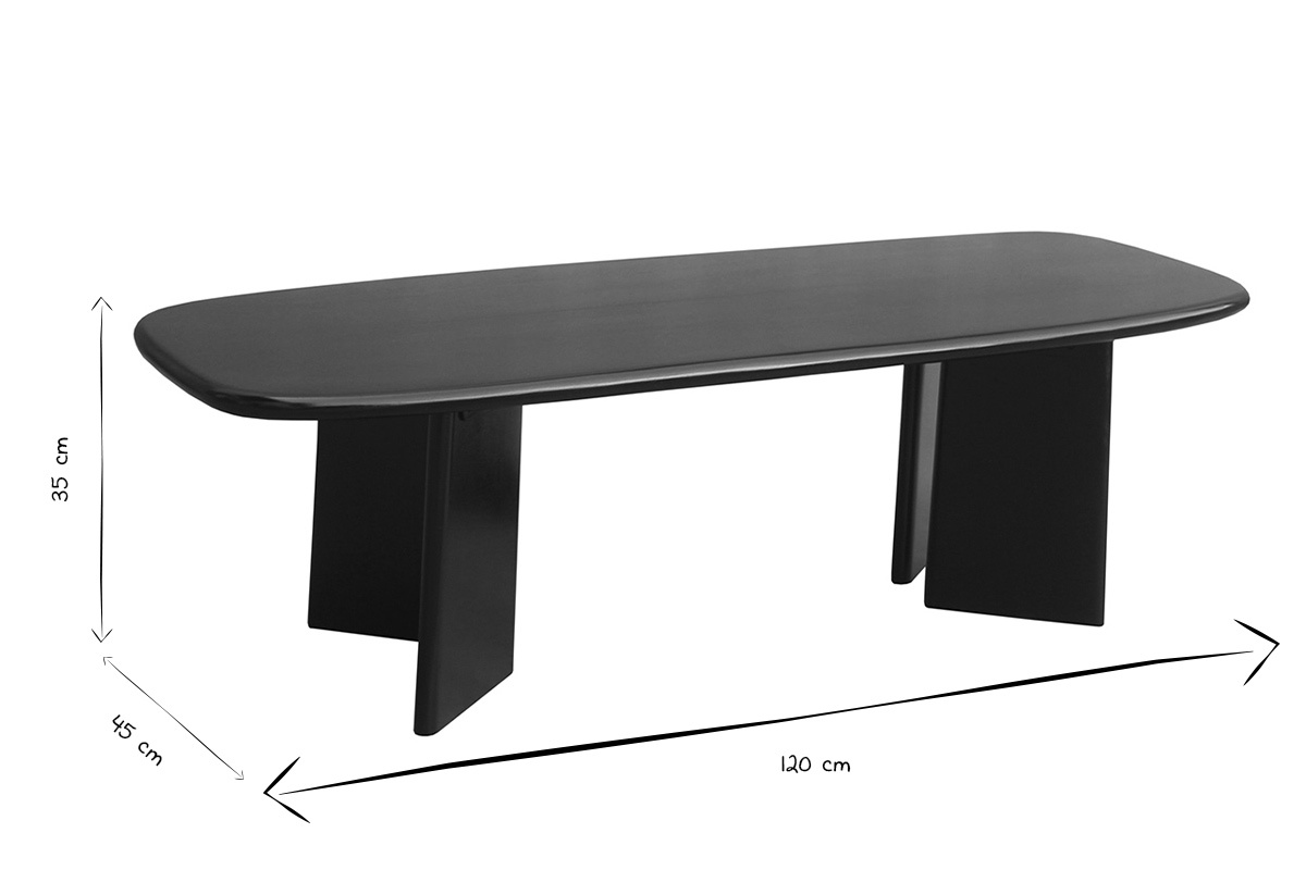 Table basse rectangulaire en bois manguier massif teint� noir avec dimensions 120 x 45 x 35 cm en noir et blanc.
