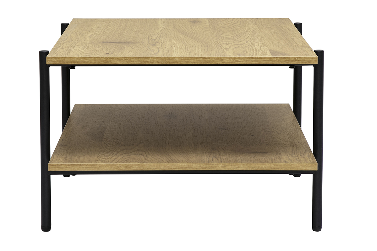 Table basse rectangulaire en bois clair ch�ne et m�tal noir, vue de profil.