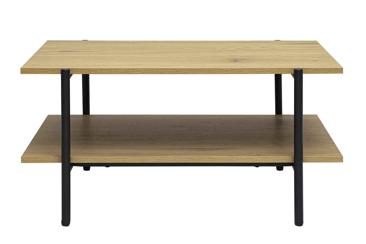 Table basse rectangulaire en bois clair ch�ne et m�tal noir avec deux plateaux, vue de face.