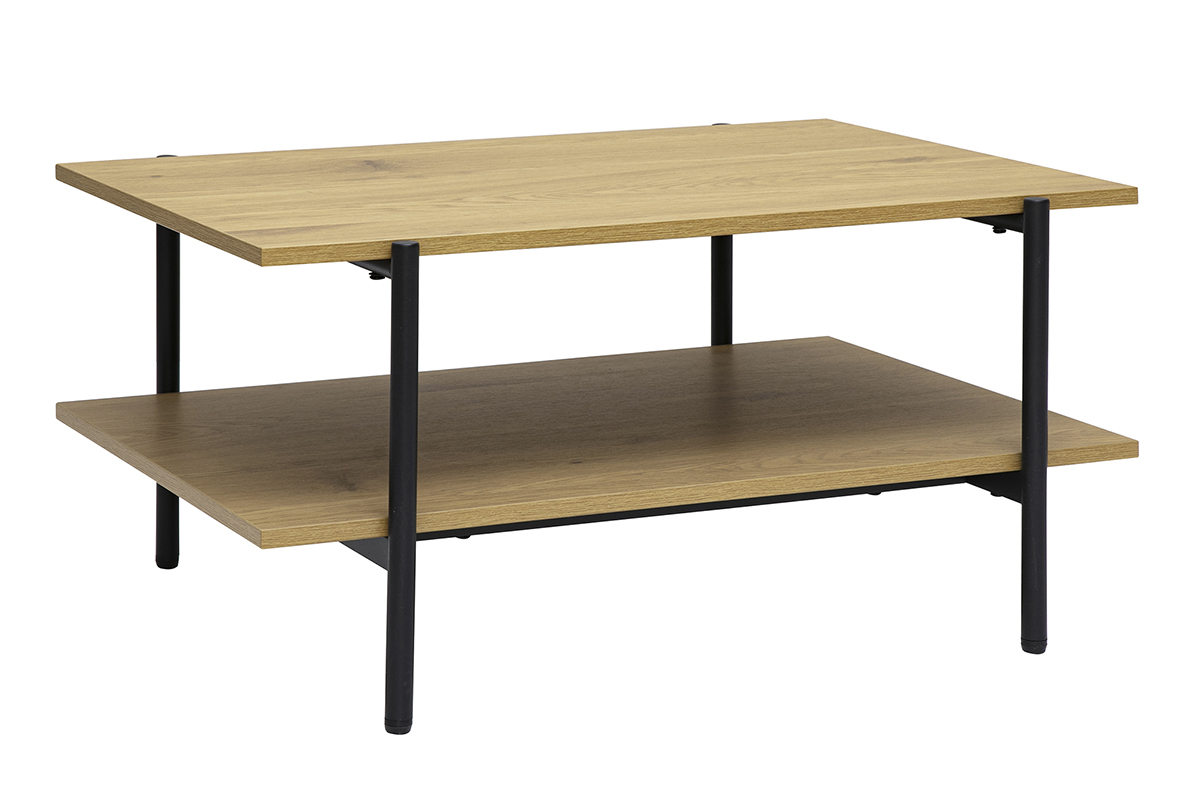 Table basse rectangulaire finition bois clair ch�ne et m�tal noir, vue de 3/4.