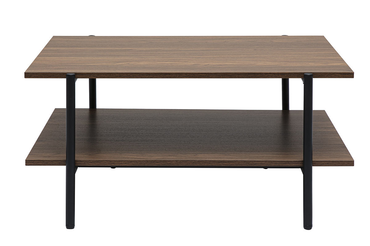Table basse rectangulaire bois fonc� noyer et m�tal noir, vue de face, L80 cm.