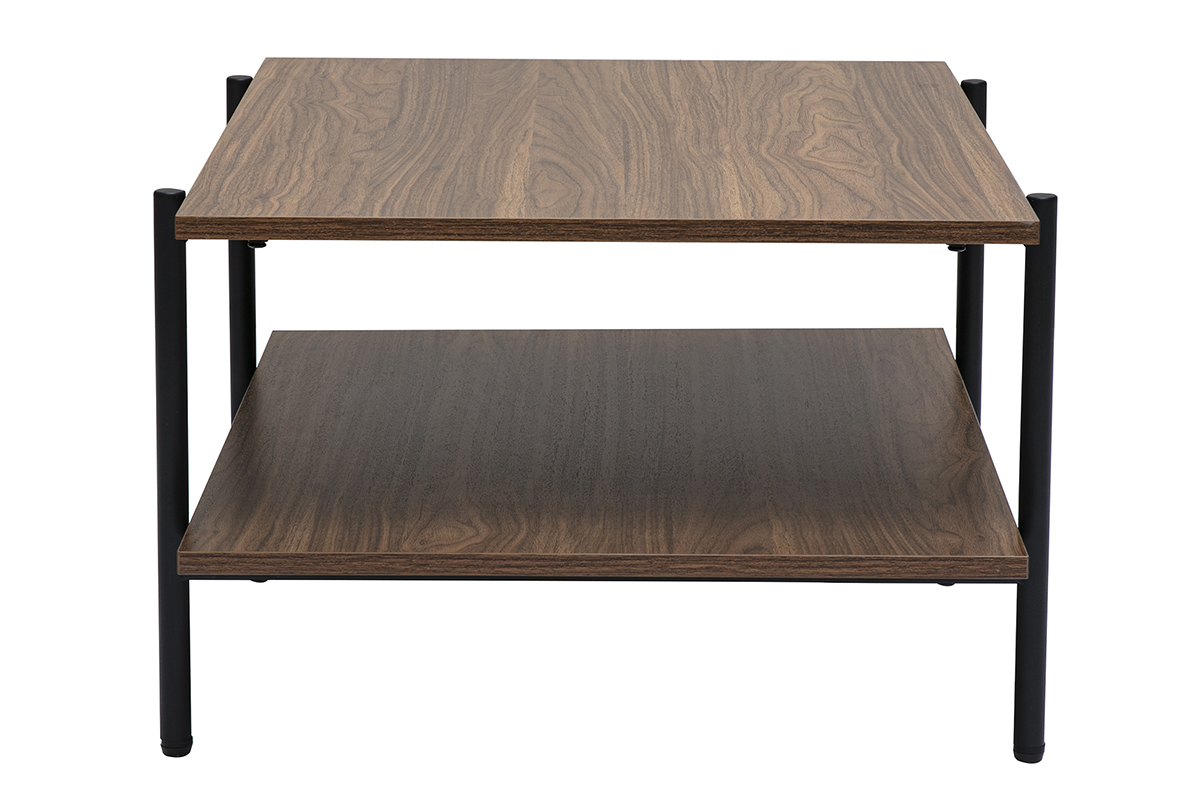 Table basse rectangulaire en bois fonc� noyer et m�tal noir, vue de profil, avec double plateau.