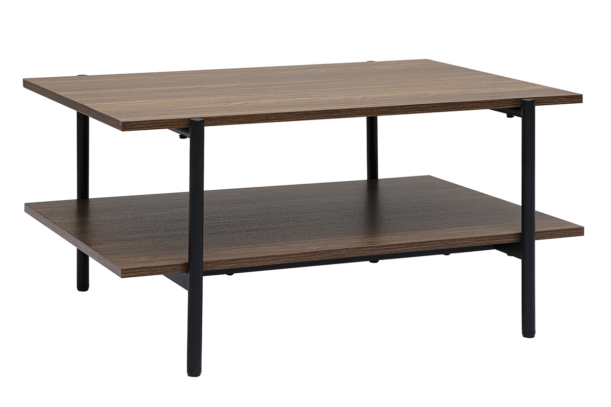 Table basse rectangulaire en bois fonc� noyer et m�tal noir, vue de trois quarts