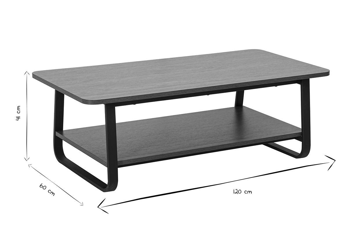 Table basse rectangulaire avec dimensions 120x60x44 cm, finition bois et m�tal, vue en perspective, noir et blanc.
