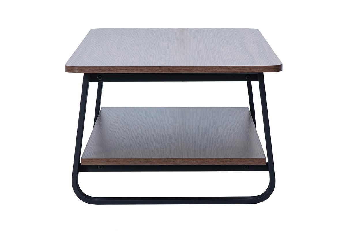 Table basse rectangulaire bois noyer et m�tal, vue de profil, double plateau.