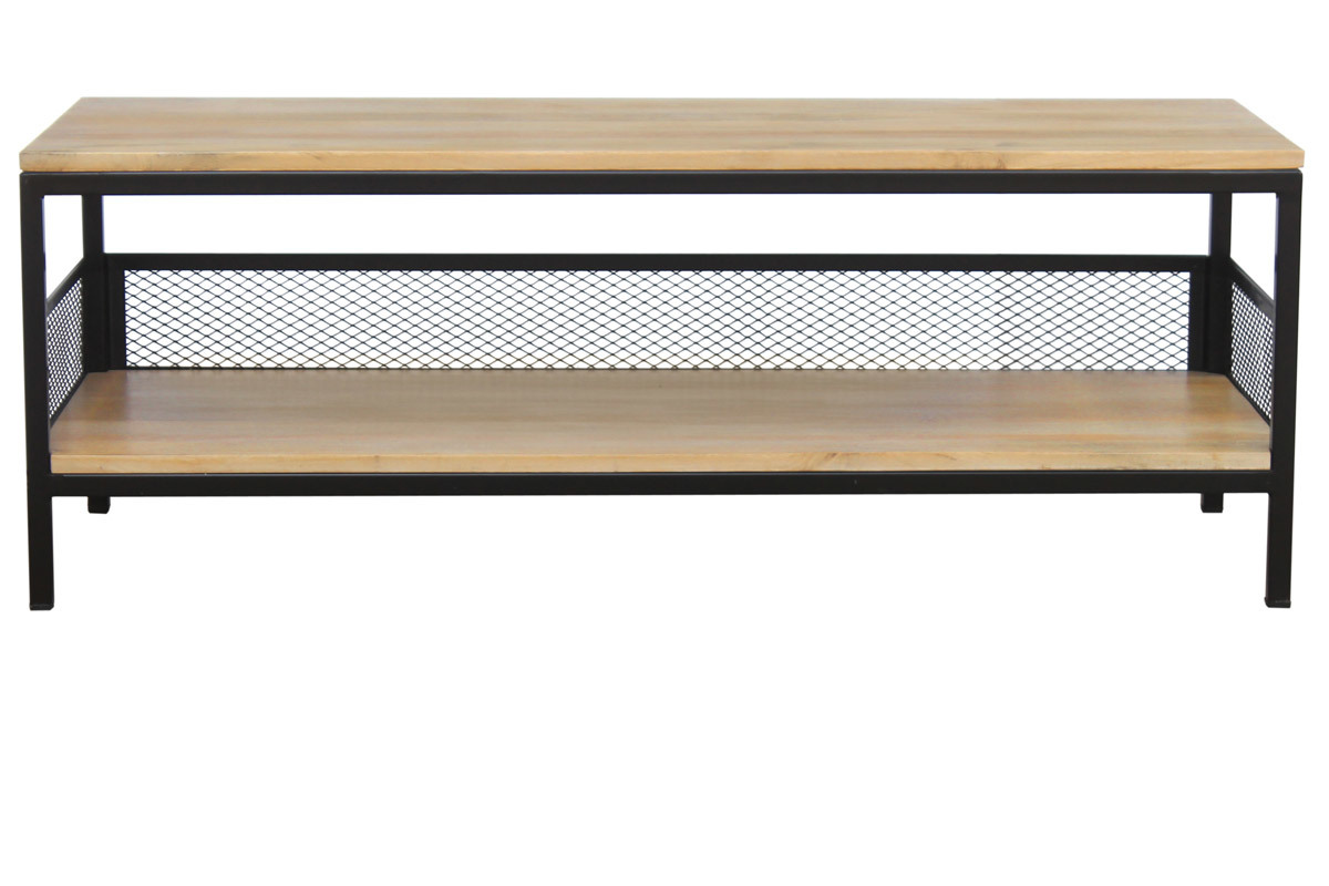 Table basse rectangulaire industrielle bois clair manguier massif et m�tal noir L110 cm RACK